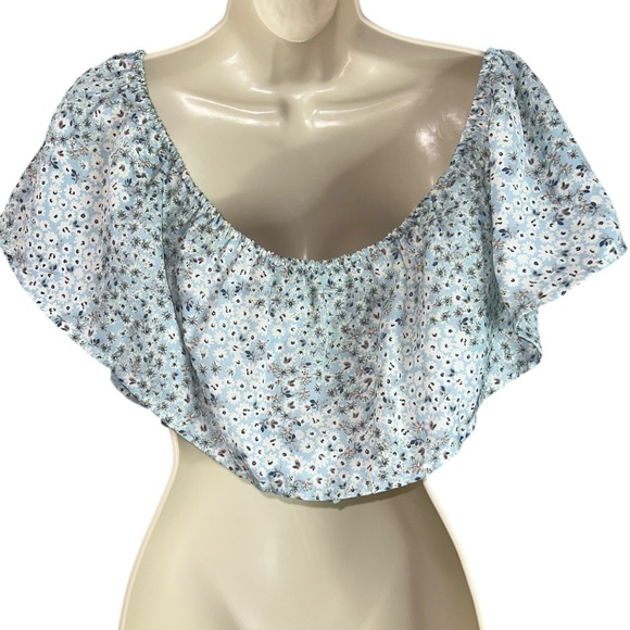 ASOS Design Off Shoulder Floaty Beach Crop Top Blue Floral Print Women's Size 10 - Picture 6 of 10